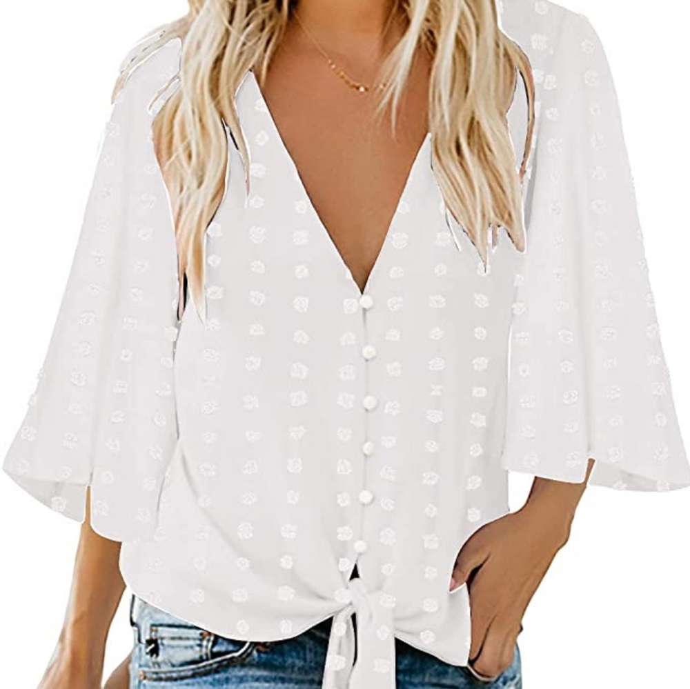 Women's Casual V Neck Tops 3/4 Sleeve Tie Knot Blo